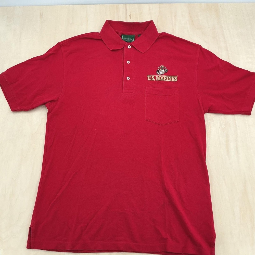 Outer Banks US Marines Polo Mens L Red Embroidered Pocket Pique Military USMC